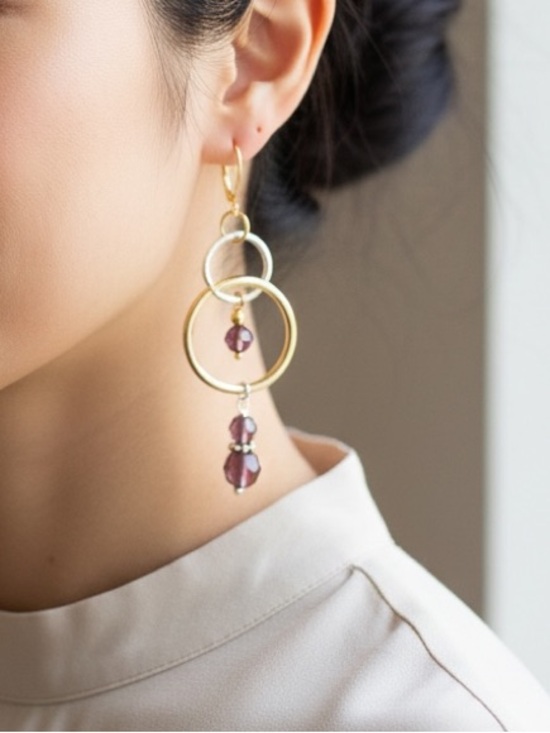 Hand Crafted Jewelry - HAND CRAFTED AMETHYST SWAROVSKI CRYSTAL MIXED METAL DANGLE EARRINGS Dramatic